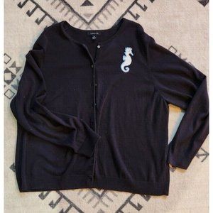 Beaded Seahorse Navy Blue Button Up Sweater from Lands End SZ 2X